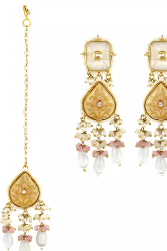 Handmade Meenakari Pearl Beaded Earrings With Mang Tikka Jewelry Set