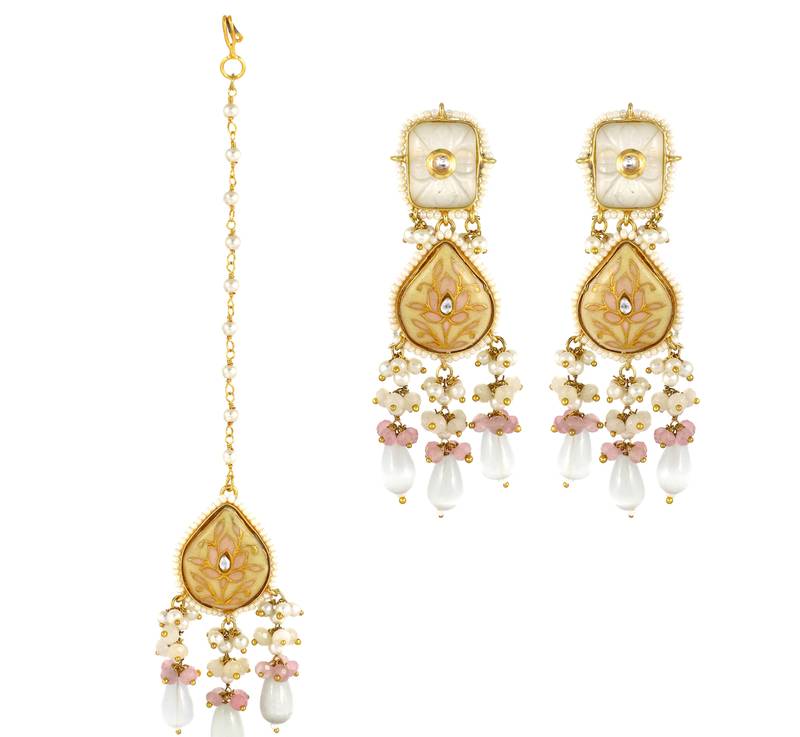 Handmade Meenakari Pearl Beaded Earrings With Mang Tikka Jewelry Set