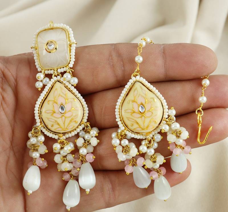 Handmade Meenakari Pearl Beaded Earrings With Mang Tikka Jewelry Set