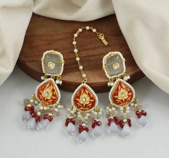 Red Meenakari Pearl Beaded Earrings with Mang Tikka Jewelry Set 1