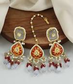 Red Meenakari Pearl Beaded Earrings with Mang Tikka Jewelry Set