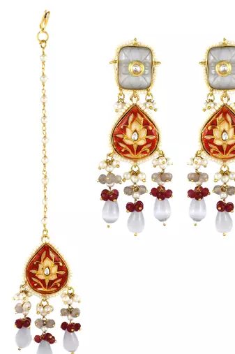 Red Meenakari Pearl Beaded Earrings with Mang Tikka Jewelry Set