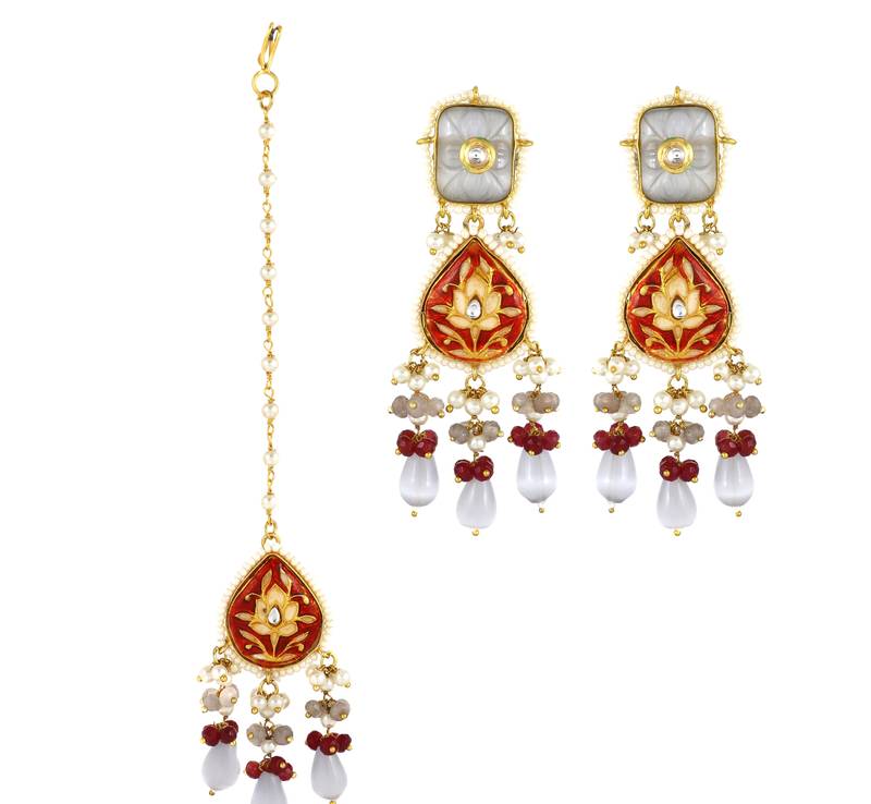 Red Meenakari Pearl Beaded Earrings with Mang Tikka Jewelry Set