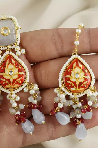 Red Meenakari Pearl Beaded Earrings with Mang Tikka Jewelry Set