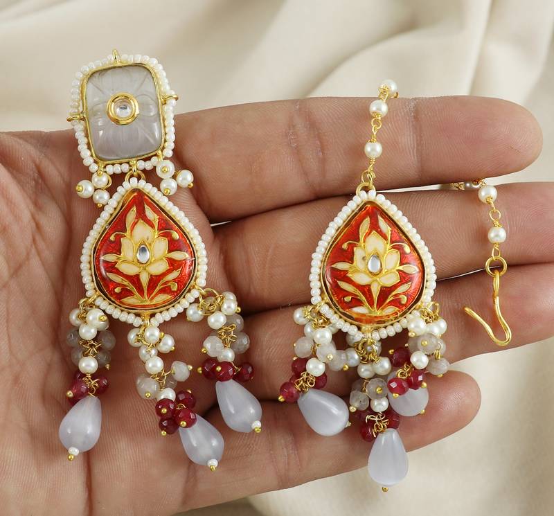 Red Meenakari Pearl Beaded Earrings with Mang Tikka Jewelry Set