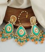 Pearl Quartz Beaded Green Enameled Earrings with Mang Tikka Jewelry Set