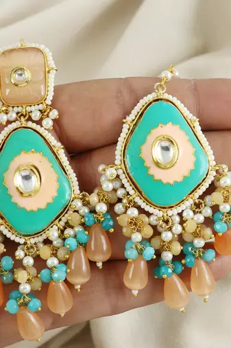 Pearl Quartz Beaded Green Enameled Earrings with Mang Tikka Jewelry Set