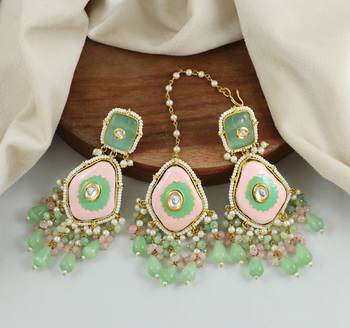 Meenakari Green Rose Quartz Pearl Earrings with Mang Tikka Jewelry Set 1
