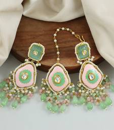 Meenakari Green Rose Quartz Pearl Earrings with Mang Tikka Jewelry Set