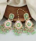 Meenakari Green Rose Quartz Pearl Earrings with Mang Tikka Jewelry Set