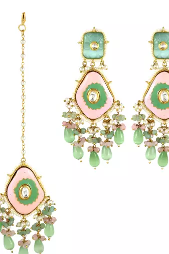 Meenakari Green Rose Quartz Pearl Earrings with Mang Tikka Jewelry Set