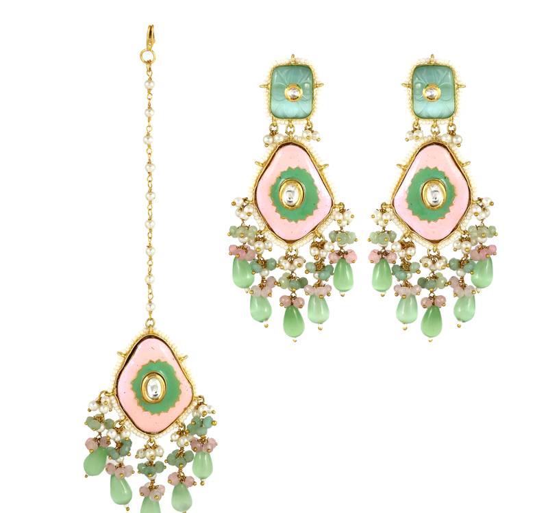 Meenakari Green Rose Quartz Pearl Earrings with Mang Tikka Jewelry Set
