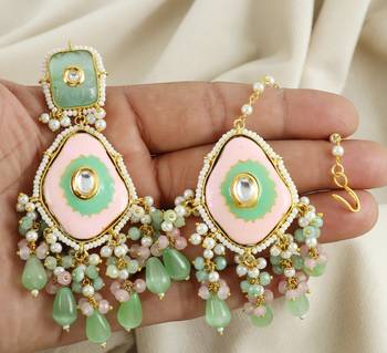 Meenakari Green Rose Quartz Pearl Earrings with Mang Tikka Jewelry Set 3