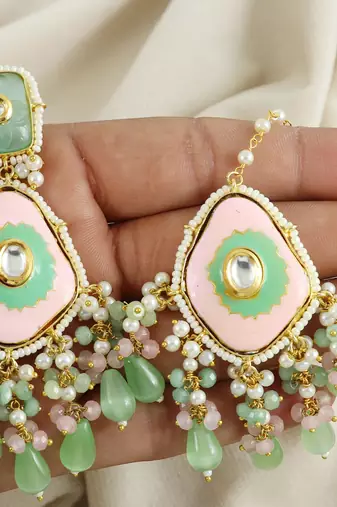 Meenakari Green Rose Quartz Pearl Earrings with Mang Tikka Jewelry Set