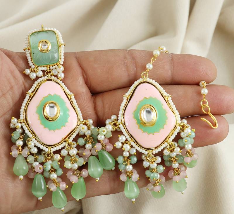 Meenakari Green Rose Quartz Pearl Earrings with Mang Tikka Jewelry Set