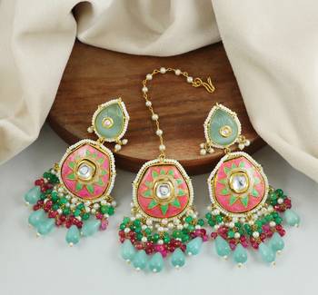 Ruby Green Onyx Pearl Beaded Enameled Earrings with Mang Tikka Jewelry Set 1