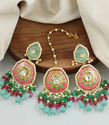 Ruby Green Onyx Pearl Beaded Enameled Earrings with Mang Tikka Jewelry Set