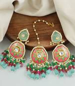 Ruby Green Onyx Pearl Beaded Enameled Earrings with Mang Tikka Jewelry Set