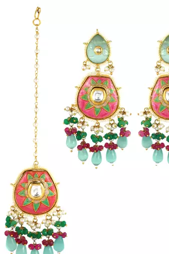Ruby Green Onyx Pearl Beaded Enameled Earrings with Mang Tikka Jewelry Set
