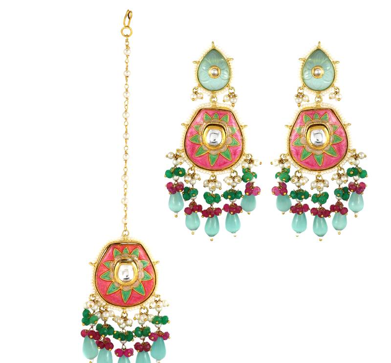 Ruby Green Onyx Pearl Beaded Enameled Earrings with Mang Tikka Jewelry Set