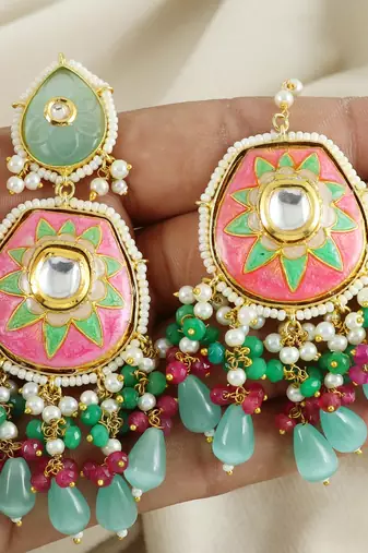 Ruby Green Onyx Pearl Beaded Enameled Earrings with Mang Tikka Jewelry Set