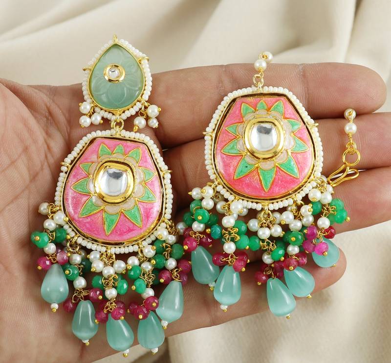 Ruby Green Onyx Pearl Beaded Enameled Earrings with Mang Tikka Jewelry Set