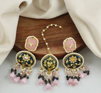 Blue Meena Rose Quartz Pearl Beads Earrings with Mang Tikka Jewelry Set 1