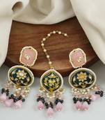 Blue Meena Rose Quartz Pearl Beads Earrings with Mang Tikka Jewelry Set