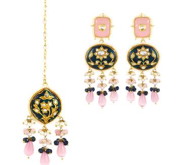 Blue Meena Rose Quartz Pearl Beads Earrings with Mang Tikka Jewelry Set 2