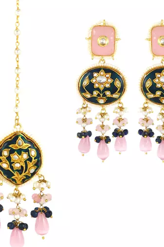 Blue Meena Rose Quartz Pearl Beads Earrings with Mang Tikka Jewelry Set