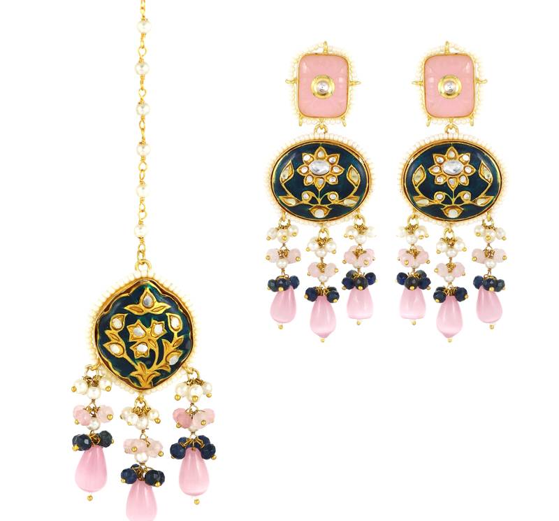 Blue Meena Rose Quartz Pearl Beads Earrings with Mang Tikka Jewelry Set