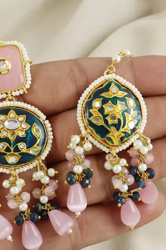 Blue Meena Rose Quartz Pearl Beads Earrings with Mang Tikka Jewelry Set