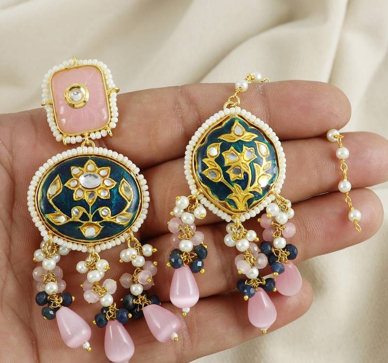 Blue Meena Rose Quartz Pearl Beads Earrings with Mang Tikka Jewelry Set