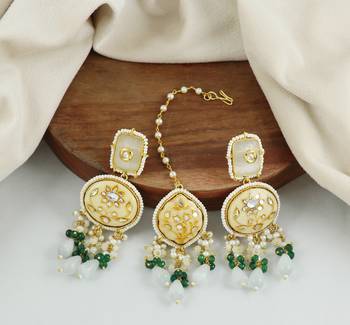 White Quartz Green Onyx Pearl Beads Earrings with Mang Tikka Jewelry Set 1