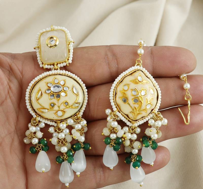 White Quartz Green Onyx Pearl Beads Earrings with Mang Tikka Jewelry Set