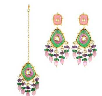 Amethyst Green Onyx Meena Earrings with Mang Tikka Jewelry Set 2