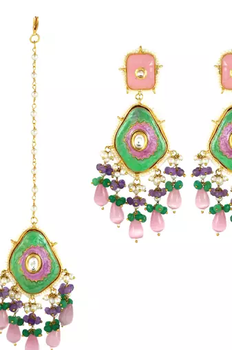 Amethyst Green Onyx Meena Earrings with Mang Tikka Jewelry Set