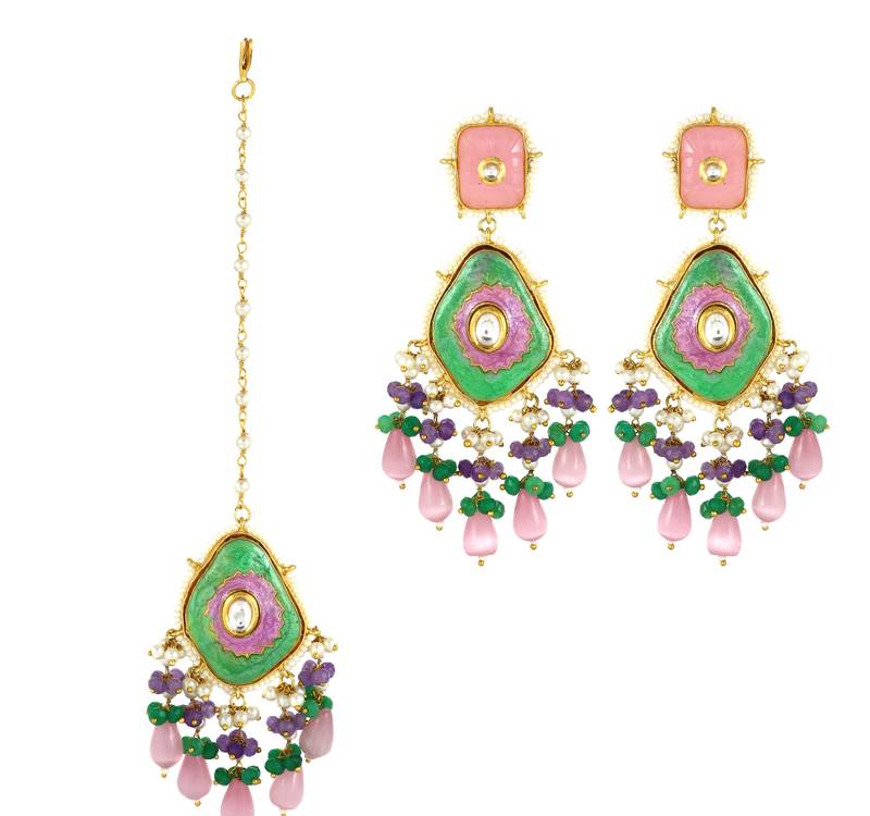 Amethyst Green Onyx Meena Earrings with Mang Tikka Jewelry Set