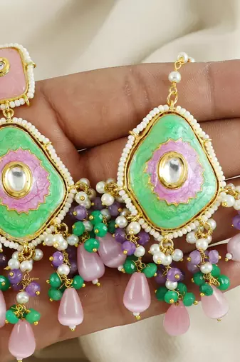Amethyst Green Onyx Meena Earrings with Mang Tikka Jewelry Set