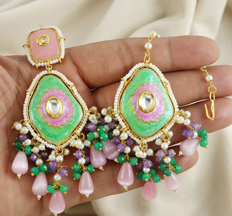 Amethyst Green Onyx Meena Earrings with Mang Tikka Jewelry Set