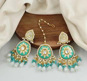 Handmade Enameled Pearl Beaded Earrings with Mang Tikka Jewelry Set 1