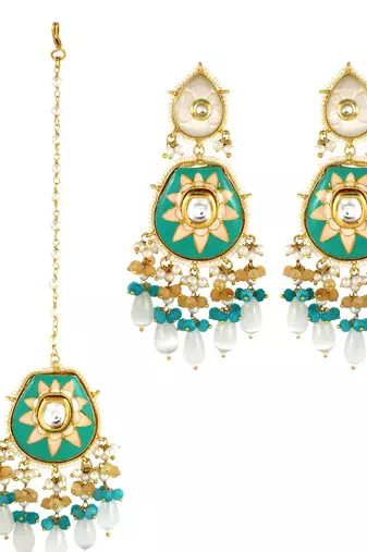 Handmade Enameled Pearl Beaded Earrings with Mang Tikka Jewelry Set
