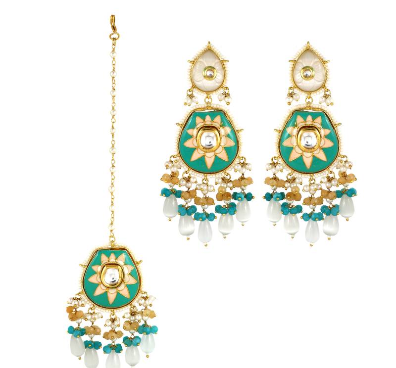 Handmade Enameled Pearl Beaded Earrings with Mang Tikka Jewelry Set