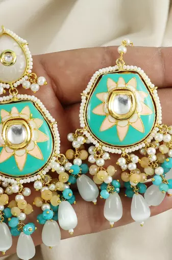 Handmade Enameled Pearl Beaded Earrings with Mang Tikka Jewelry Set