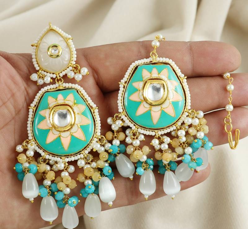 Handmade Enameled Pearl Beaded Earrings with Mang Tikka Jewelry Set