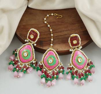 Ruby Green Onyx Handmade Meena Earrings with Mang Tikka Jewelry Set 1