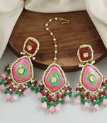 Ruby Green Onyx Handmade Meena Earrings with Mang Tikka Jewelry Set