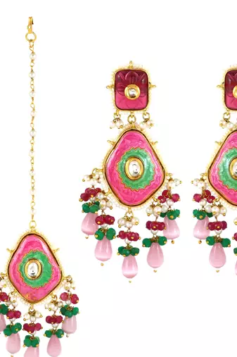 Ruby Green Onyx Handmade Meena Earrings with Mang Tikka Jewelry Set