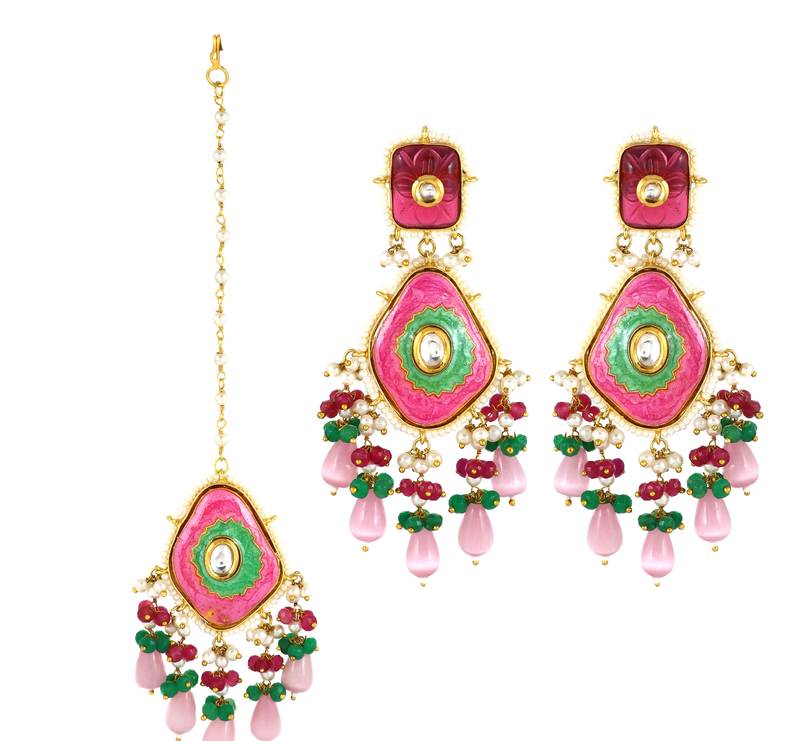 Ruby Green Onyx Handmade Meena Earrings with Mang Tikka Jewelry Set