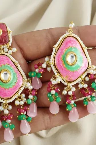 Ruby Green Onyx Handmade Meena Earrings with Mang Tikka Jewelry Set